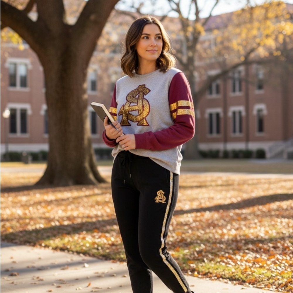 ASU Maroon & Gray Sequins Logo Sweatshirt and Joggers Set